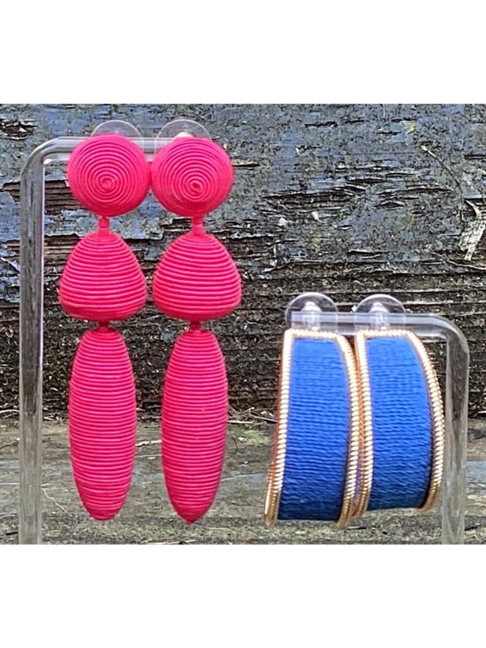 2 Pair Bold and Chunky Sugarfix BaubleBar Earrings Pink Dangles & Blue Hoops